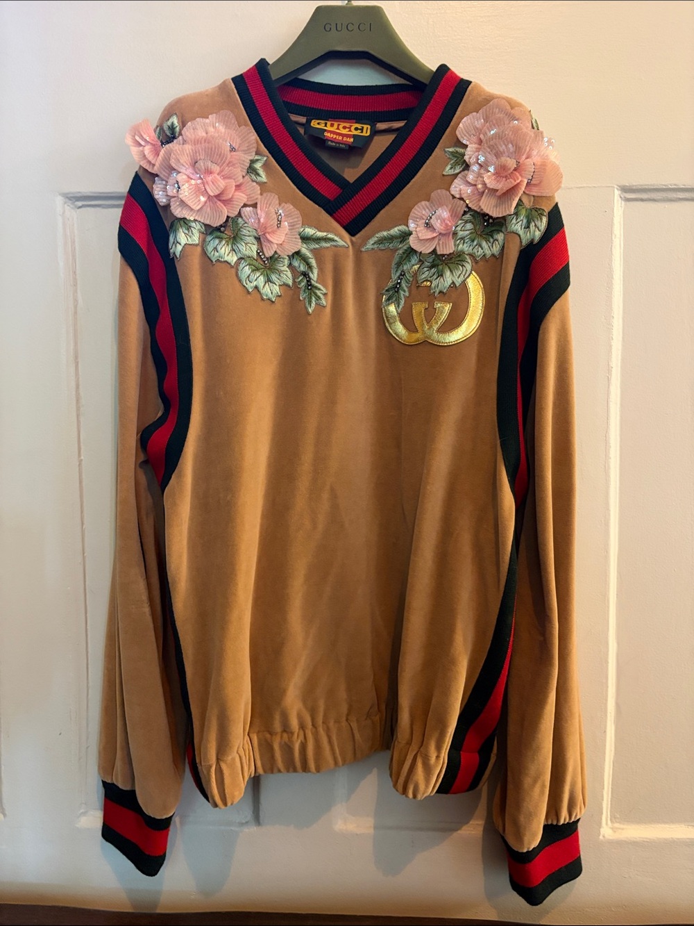 Gucci Dapper Dan Camel Velvet V-Neck Pullover with Pink Floral Appliqués